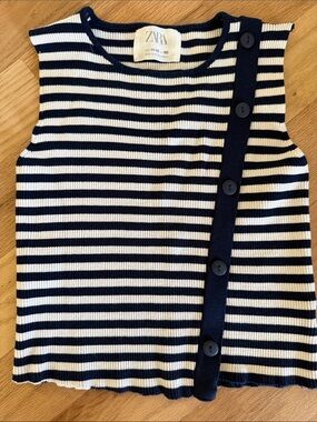 Zara Navy/White Striped Button-Trim Sleeveless Tank Girls sz EUR 152/ US 11-12